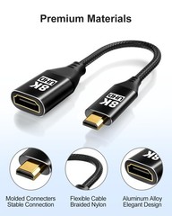 8K Micro HDMI to HDMI Adapter 1.5Ft, Micro HDMI Male to HDMI Female Cable with 8