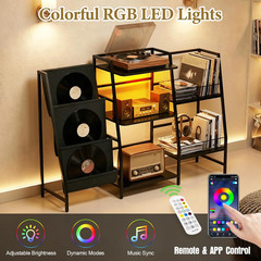 LED Record Player Stand with Storage for 300 Albums – Black Vinyl Shelf