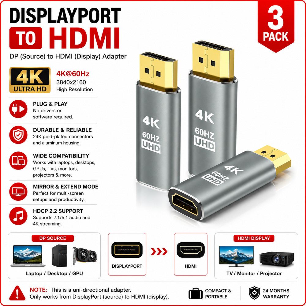 3Pk 4K Display Port to HDMI Male Female Adapter Converter DisplayPort DP to HDMI