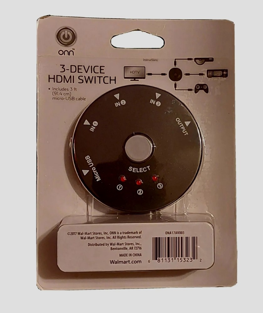 Brand New onn ONA17AV003 3-device HDMI Switch, Resolutions Up to 1080P