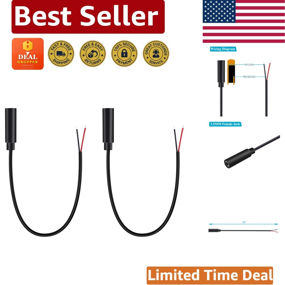 2-Pack 3.5mm Female Jack to Pigtail Speaker Wire – Easy Soldering 10 Inch