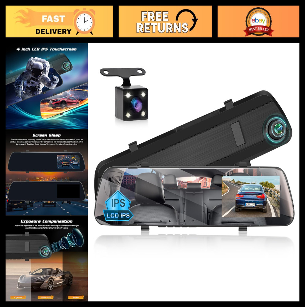 4″ IPS LCD Rear View Mirror Dash Cam – 1080P Dual Front & Rear Camera, 64GB Card