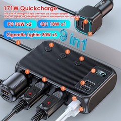 9in1 Multi Car Cigarette Lighter Socket Splitter USB C Plug Fast Charger Adapter