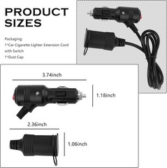 3Ft Car Cigarette Lighter Extension Cord with On Off Switch & Dust 1 Tuo 1 or 2