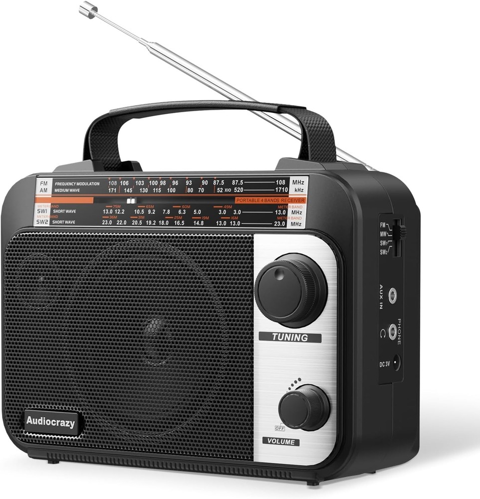 Multi-Band AM/FM/SW1-2 Radio Transistor AC or Battery Operated Black