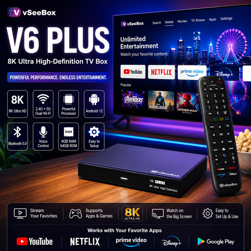 vSeeBox V6 Plus Android 14 Smart TV Box 8K HDR WiFi 6 Bluetooth Voice Remote