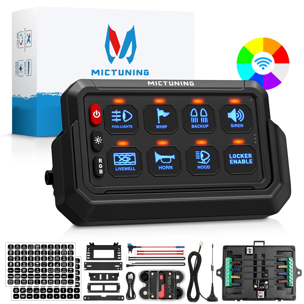 MICTUNING Wireless RGB 8 Gang Switch Panel LED Light Circuit Control Box 12v 24v