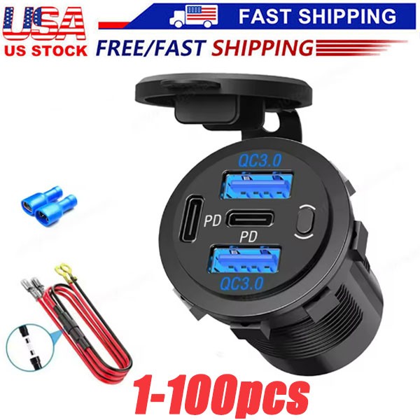 12V-24V PD+QC3.0 Dual USB Car Fast Charger Power Socket Outlet LED Voltmeter LOT