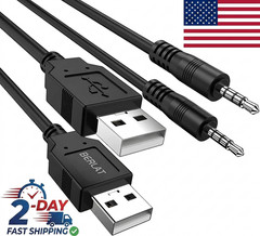 2-Pack USB 2.0 to 3.5mm AUX Audio Jack Cable Male Charge Data Cord 3.3FT Black