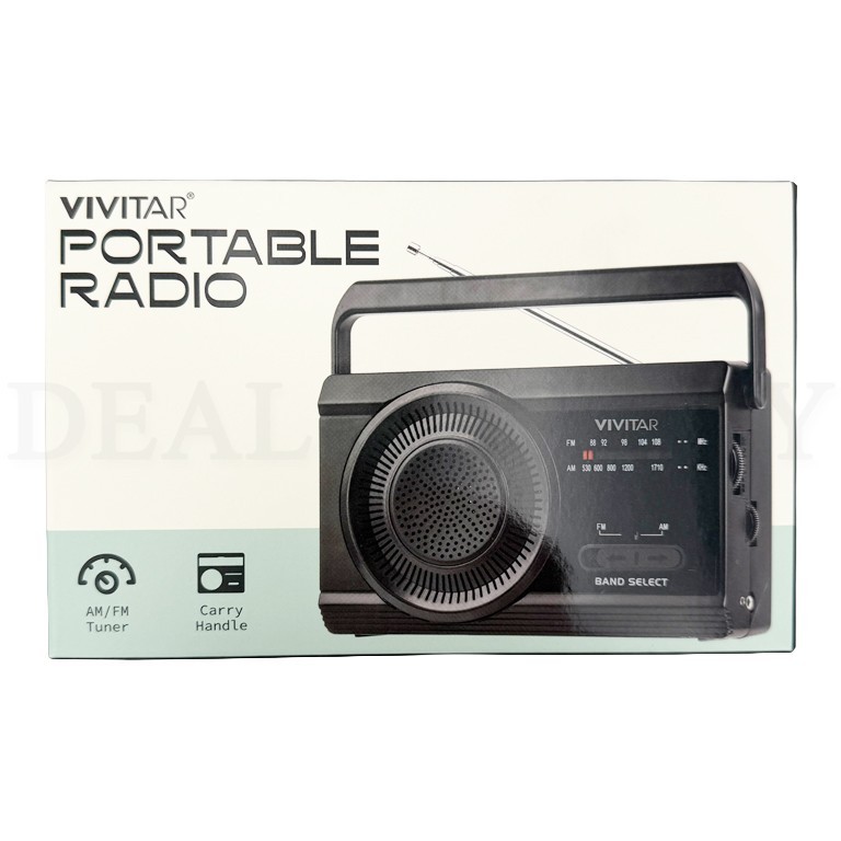 Vivitar Portable AM/FM Radio with Collapsible Antenna and Carry Handle – Black