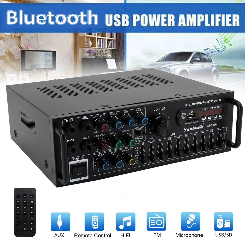 🔥Sunbuck 110V 2000W 2CH EQ Bluetooth Stereo Amplifier Support USB Disk SD Card