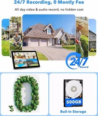 CAMCAMP Wireless Security Camera System with 10.1″ Monitor+4pcs 2K Dual Lens Cam