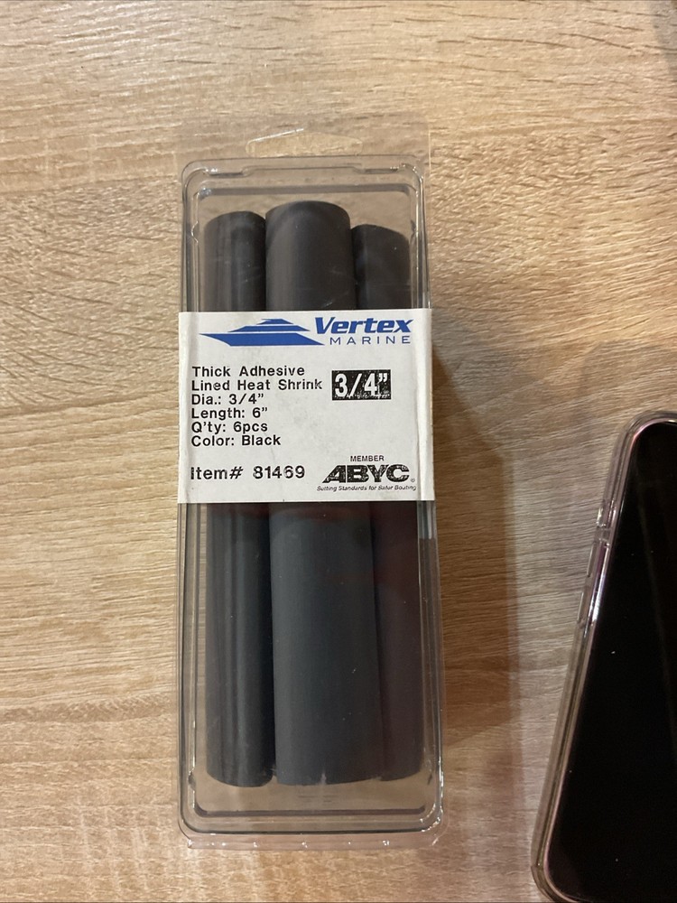 Vertex Marine Thick Adhesive Lined Heat Shrink 3/4”dia.,6” Length 6pcs. Black