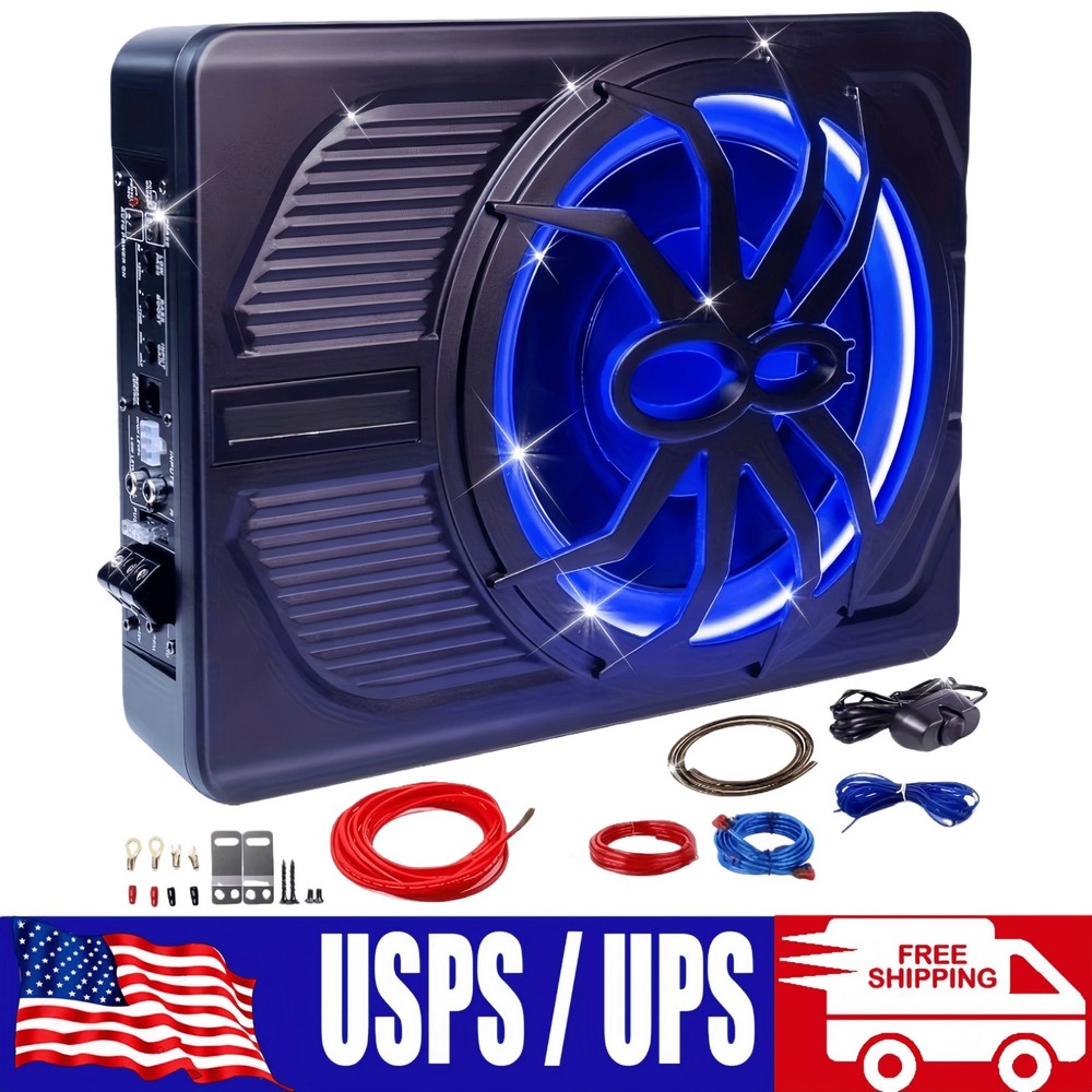 10″ 1200W Slim Under-Seat Subwoofer Powered Car Sub with Amp Speaker System kit