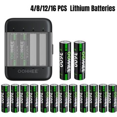 OOHHEE 4/8/12/16x AA 3600mWh Rechargeable Lithium Batteries 1.5V Charging Box