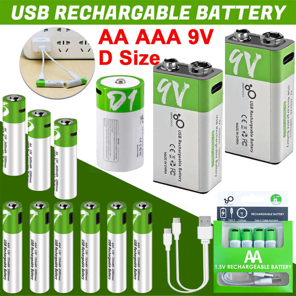 USB AA AAA 9V C D Lithium ion Li-ion Rechargeable Battery 1.5V With Type C Lot