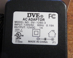 DVE DV-1280-3 AC Adpater Output 12VDC 1000mA Input 120VAC 60Hz 16W