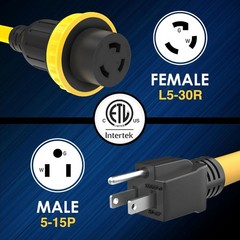30 Amp to 15 Amp 5-15P Male to L5-30R Fema Size: 15A Male / 30A Female Locking
