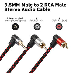90 Degree Right Angle 3.5Mm to 2 RCA Cable 6FT,2RCA Male to 3.5Mm TRS Male Stere