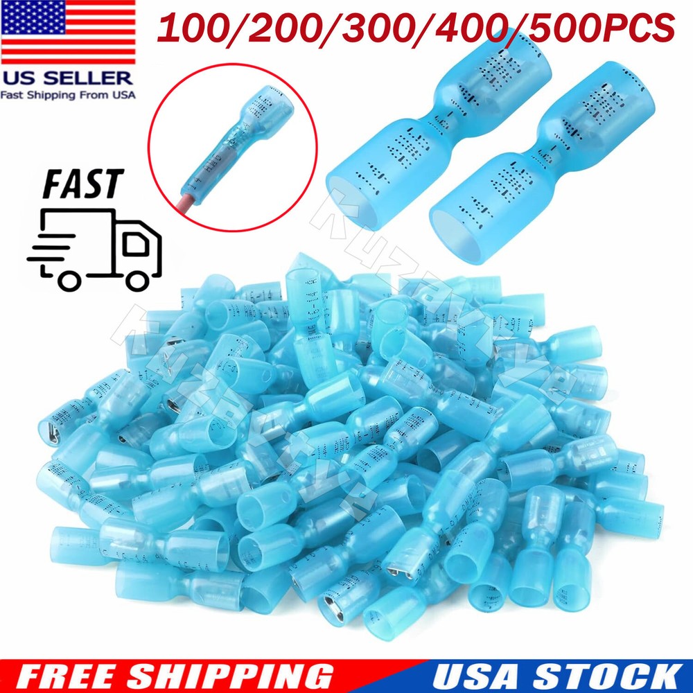 100-500X Female Heat Shrink Spade Wire Connectors 16-14 AWG Crimp Terminals Blue