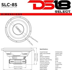 DS18 SLC-8S 8″ Car Audio Subwoofer 400W Max Power, 200W RMS SVC 4 Ohm