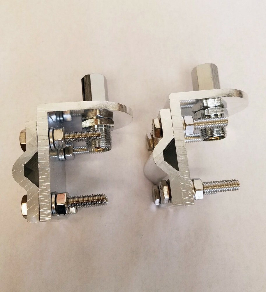 TWO – 3 way aluminum mirror mount brackets w SO-239 stud for CB radio antennas
