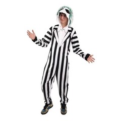 Beetlejuice Adult Mens Black White Striped Hooded Pajama Costume Halloween NWT
