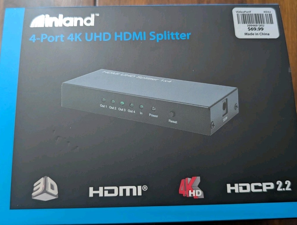 Inland 4 Port 4K UHD HDMI Splitter 1×4 HDCP 2.2 Powered Display Box