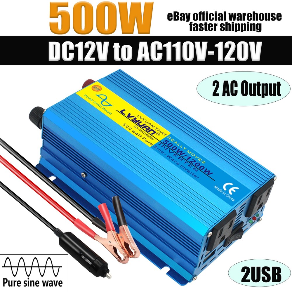 500W 1200W 12V/24V to 110V Pure Sine Wave Power Inverter Converter With 2USB 2AC