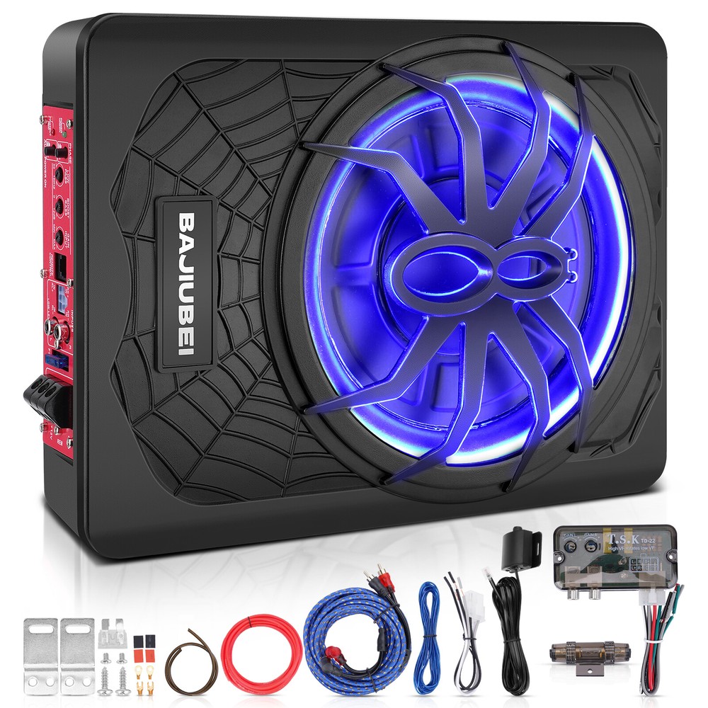 NEW 10″ 1200W Slim Under Seat Powered Car Subwoofer Hideaway Subwoofer Blue LED