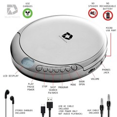 CD Player W 60 Second Anti Skip, Stereo Earbuds, Aux in Cable & AC USB Cable
