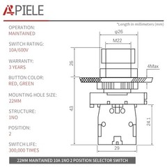 22MM 2 Position Selector Switch – 1NO – 2 Position Maintained