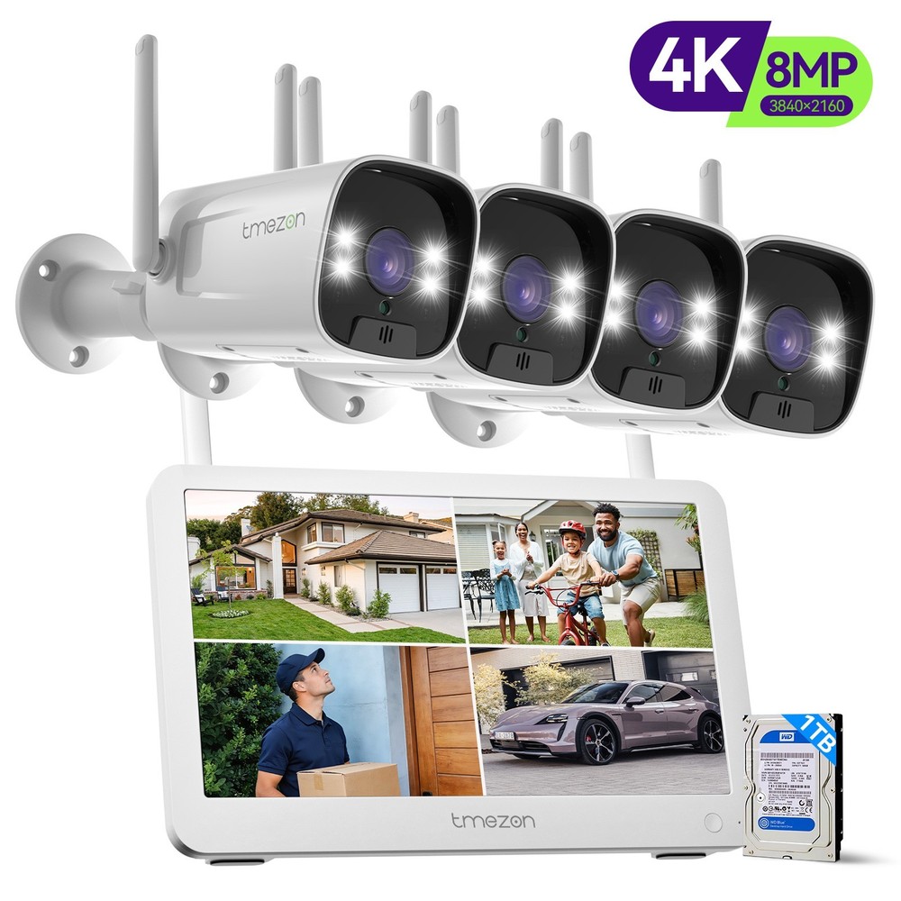 TMEZON 8MP 4K 10CH 12” Monitor Wireless WIFI Security Camera System Audio 1TB