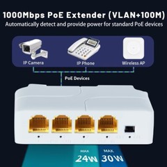 4Port Gigabit POE Extender 1000M 1 to 3 Switch Repeater IEEE802.3AF/ Plug&Play