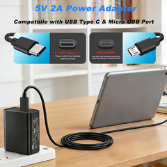 5V Power Supply, DC 5V 2A Power Cord, with USB C and Micro USB Port. | for DC