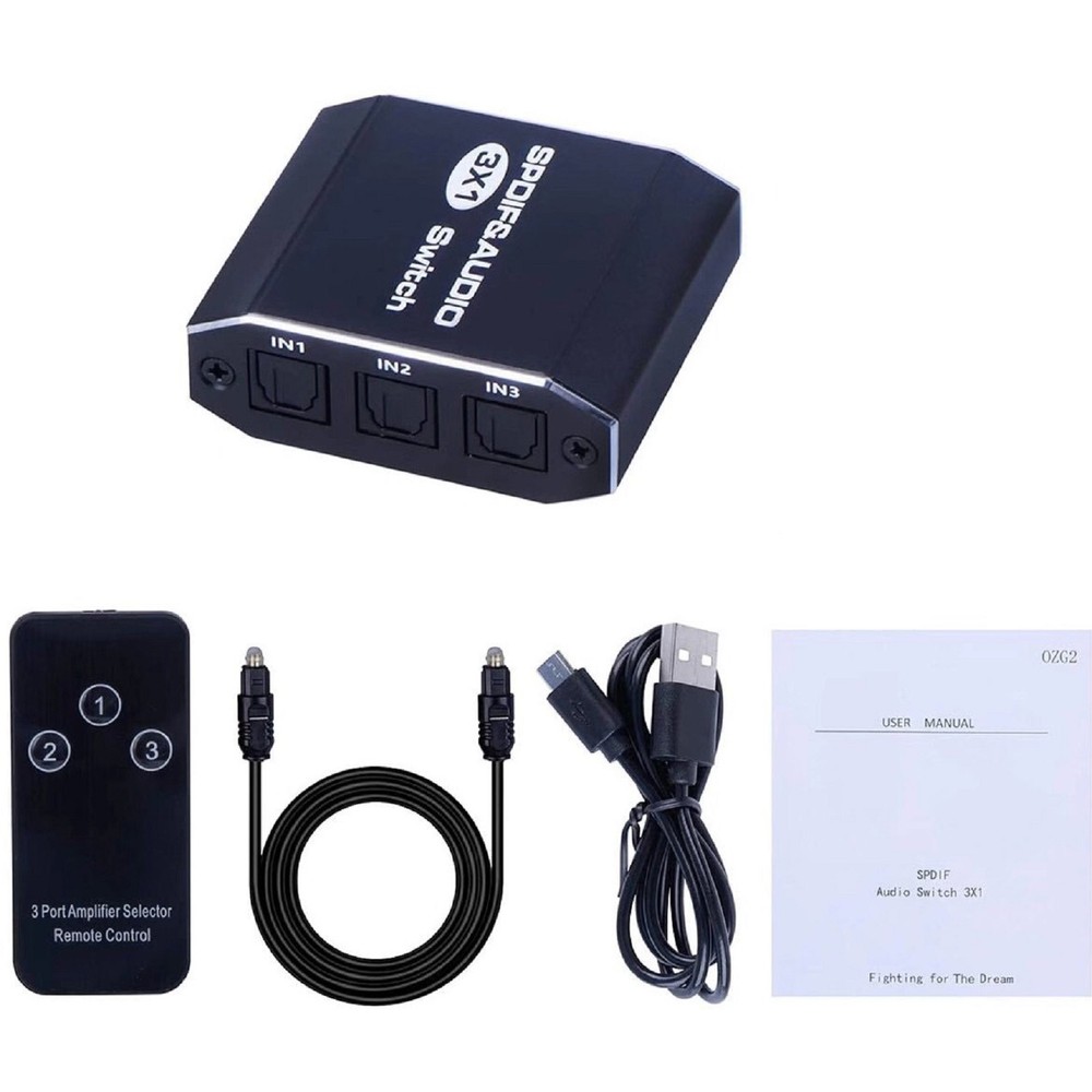 3×1 Aluminum Spdif Toslink Optical Digital Audio Splitter Remote Switch Hub