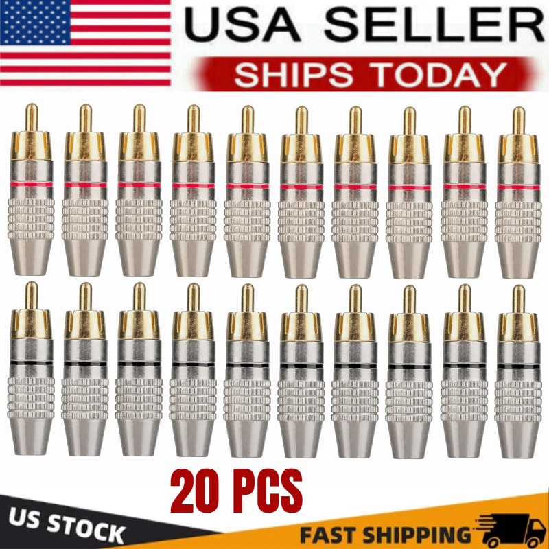 20Pack RCA Male Plug Solder, Gold Audio Video Cable Adapter Connector for Speake