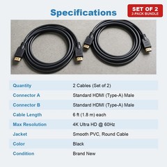 HDMI to HDMI Cable 6FT 4K Set of 2 for HDTV Monitor PS5 PS4 Xbox Blu-ray Player
