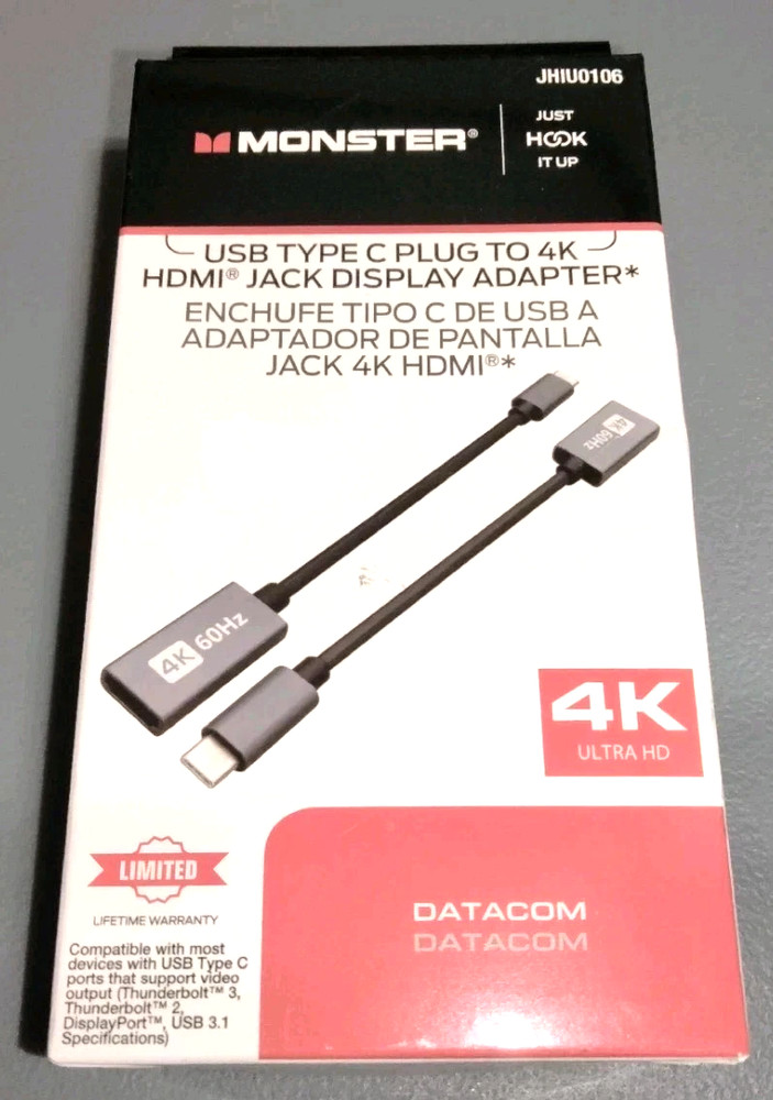NEW Monster USB Type-C MALE to 4K HDMI FEMALE Adapter Video Cable (4k 60Hz) 6′
