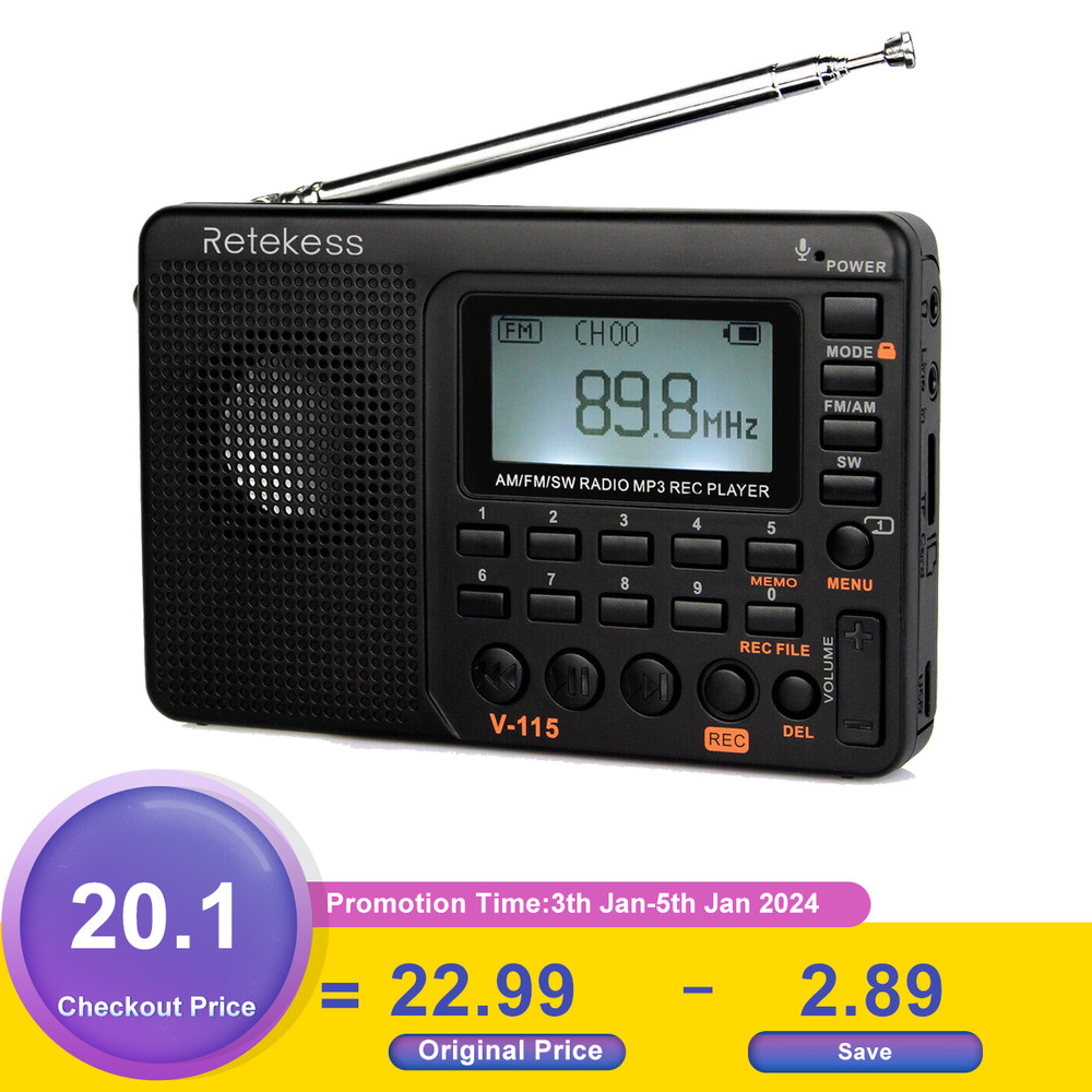 Retekess V115 Portable FM/AM/SW Radio Digital Speaker MP3 Player Rechargeable US