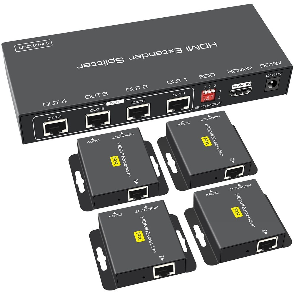HDMI Extender Splitter up to 165Ft 1 in 4 Out over Cat5E or 6 or 7 Repeater Balu