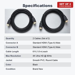 HDMI to HDMI Cable 6FT 4K Set of 2 for HDTV Monitor PS5 PS4 Xbox Blu-ray Player