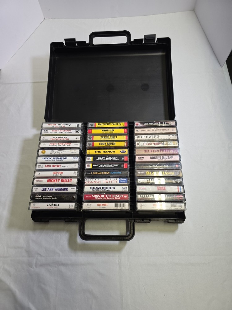 Vintage 36 Cassette Storage Carrying Case Tote Black-Plastic W/36 Tape
