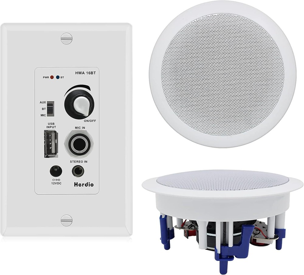 Herdio 5.25″ 300W Home Store In Ceiling Speakers+Wall Mount Bluetooth Amplifier