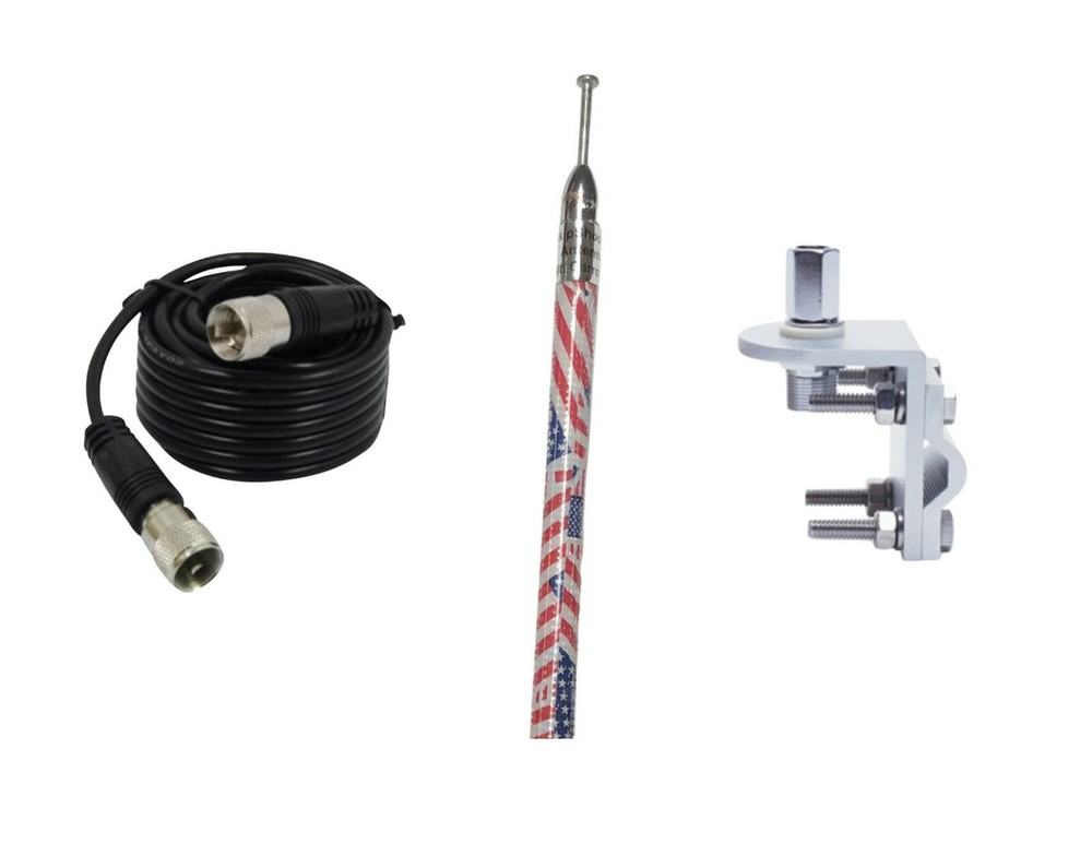 CB HAM 3 FT USA FLAG SKIPSHOOTER, ANTENNA USA MADE!!!, 18FT COAX, BRACKET, STUD
