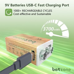 4-Pack 3700mWh 9V Rechargeable Lithium Li-ion Battery + USB Type-C Cable 9 Volts