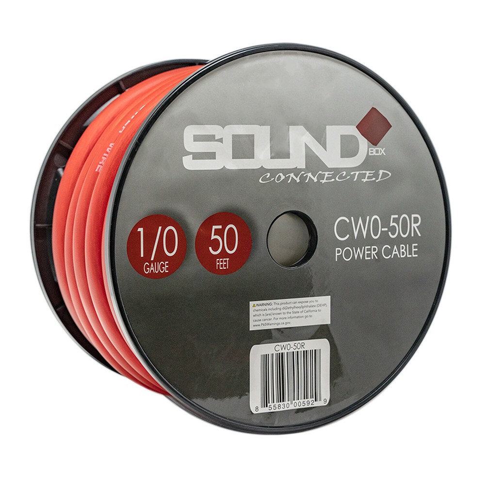 SoundBox CW0-50R, 0 Gauge 50′ CCA Amplifier Power / Ground Amp Wire Spool, Red
