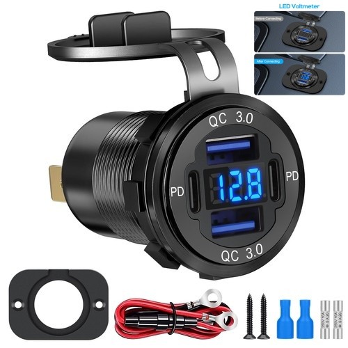 4 Port Car Charger with Voltmeter 78W QC3.0 & Dual PD Fast Charging for 12-24V