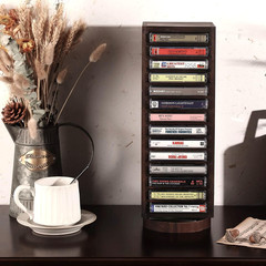 Rotatable Farmhouse Style Cassette Tape Rack, 28-Slot Rustic Wood & Metal Design