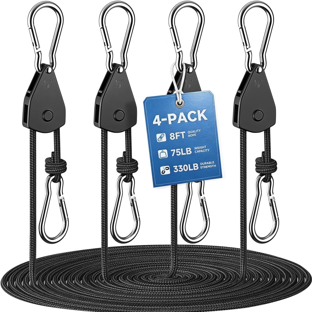 4 Pack 8 Ft Ratchet Tie Down Ropes 1/8 Inch Black Adjustable Rope Hangers